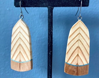 Large Teardrop Shaped Multicolored Exotic Wood Earrings