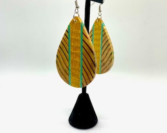 Large Teardrop Blue And Yellow Fall And Winter Fashion Wood Earrings