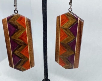 Unique Large Chevron Patterned Rectangle Wooden Earrings