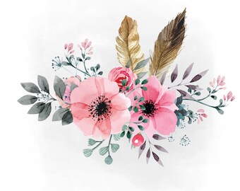 boho floral SVG clipart, pink Floral svg, feathers and hornes SVG, Boho Antlers , decal, country, AI Svg Png Jpeg