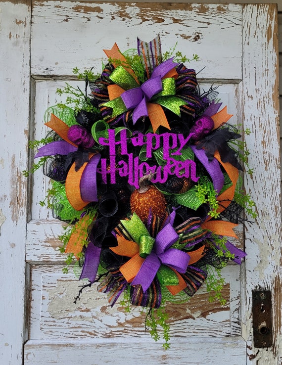 Halloween Wreath For Front Door, Green Orange Purple Halloween Wreath,  Glitzy Halloween Wreath, Skull Wreath, Traditional Halloween Wreath