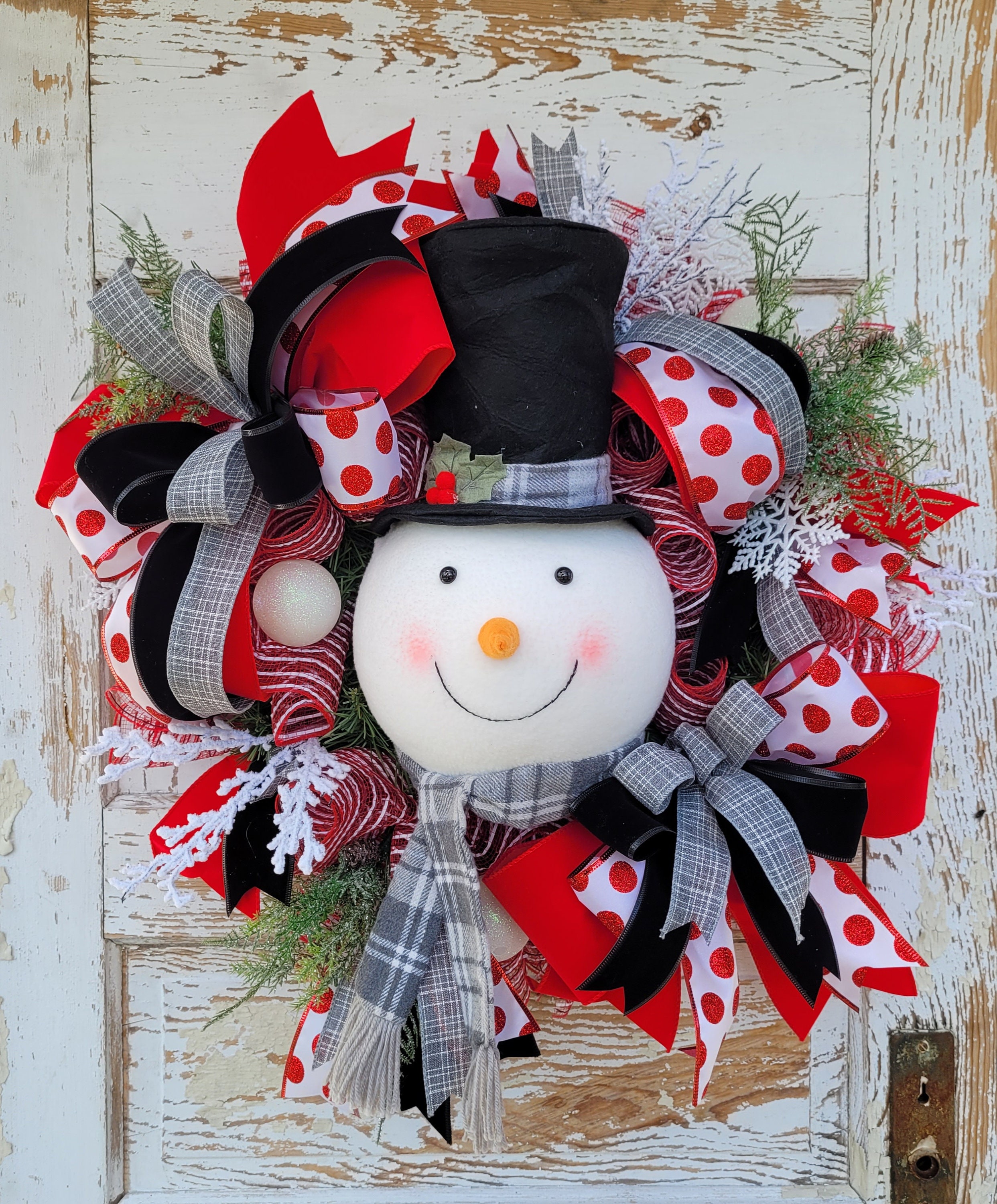 Farmhouse Christmas Decor, Fabric Stuffed Snowman, Black White Red