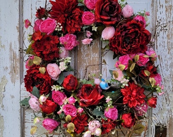 Everyday Wreath, Summer Floral Wreath, Red and Pink Floral Wreath, Peony Wreath, Front Door Wreath, Wedding Gift, Natural Floral Wreath