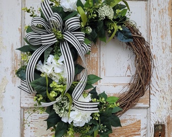 Everyday Hydrangea Wreath, Year Round Greenery Wreath,  White Hydrangea Wreath,  Wedding Wreath, Mother's Day Wreath,  Housewarming Wreath