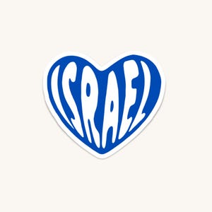 May include: A heart-shaped sticker featuring a vibrant blue background with the word ISRAEL written in bold, white, stylized capital letters that follow the curved contours of the heart shape, creating a clean and graphic visual design.