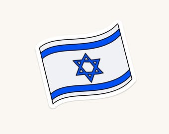 May include: A sticker featuring the flag of Israel, depicted with a white background, two horizontal blue stripes, and a central blue Star of David. The design has a slight wave effect and a white border, creating a clean, graphic appearance.