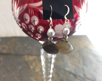 Labradorite (natural) stone and Fresh Water Pearl Earrings