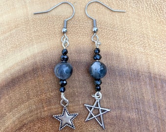 Black Spinel | Larvikite - Star Earrings - Crystal Earrings - Dangle Earrings - Clip-On Earrings