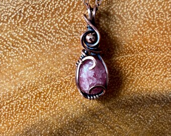 Rhodochrosite | Copper Wire Pendant - Crystal Necklace