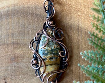 Ocean Jasper | Copper Pendant - Wire Wrapped Pendant - Crystal Necklace