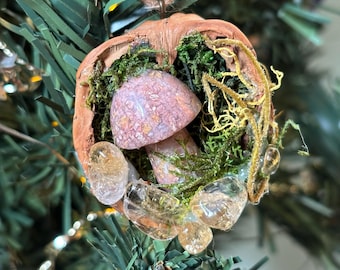 Pink Flower Agate Mushroom Walnut Ornament