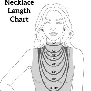 May include: A chart showing different necklace lengths on a woman's neck. The lengths are labeled in inches, starting at 14 inches and going up to 31-32 inches.