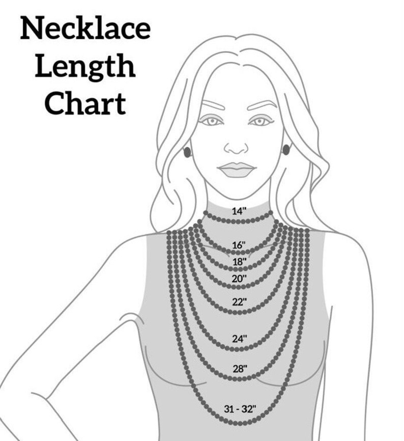 May include: A chart showing different necklace lengths on a woman's neck. The lengths are labeled in inches, starting at 14 inches and going up to 31-32 inches.