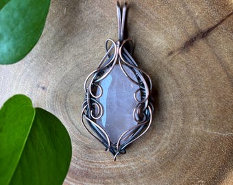 Rose Quartz | Copper Wire Wrapped Pendant - Crystal Necklace