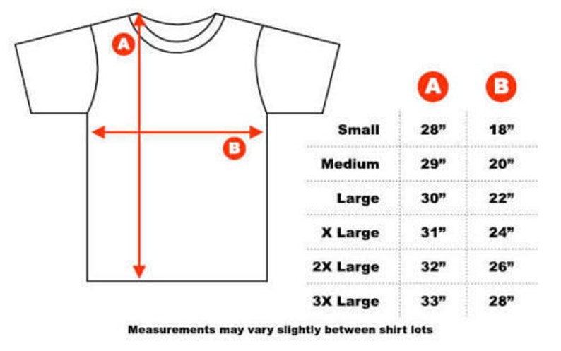Puede incluir: Un gr&aacute;fico que muestra las medidas para diferentes tallas de camisetas. El gr&aacute;fico muestra la longitud (A) y el ancho (B) de la camiseta en pulgadas. Las tallas son Small, Medium, Large, X Large, 2X Large y 3X Large.