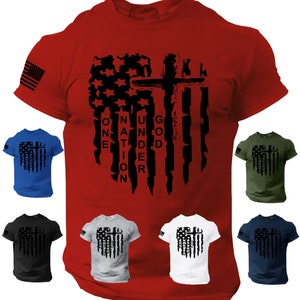 USA Flag T Shirt one nation under god Army Jesus cross Christian Tee