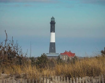 Blue Sky, Beach fence and the Fire Island Lighthouse