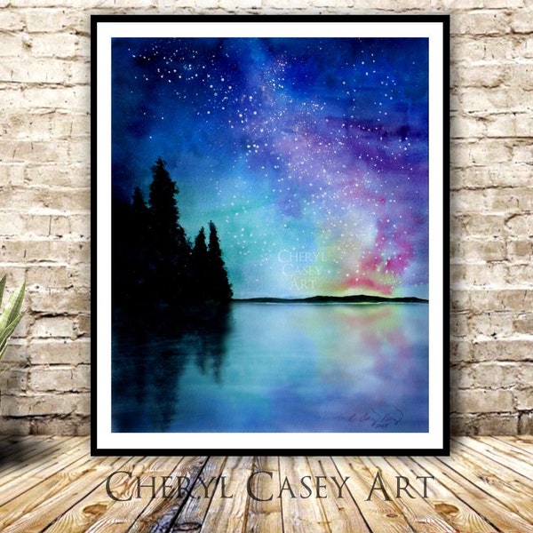 Night Sky Lake Art Print Starry Milkyway Galaxy from Watercolor Painting by Cheryl Casey, pine trees hills stars