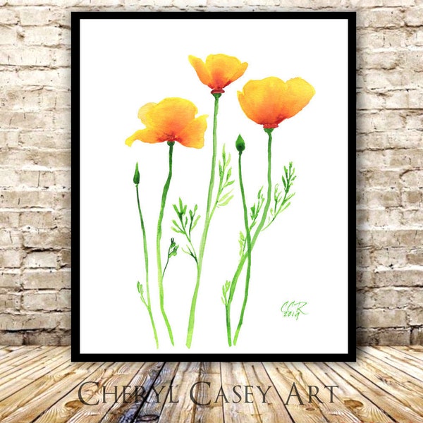 California Poppies Art, Minimalist Orange Flowers from Watercolor by Cheryl Casey