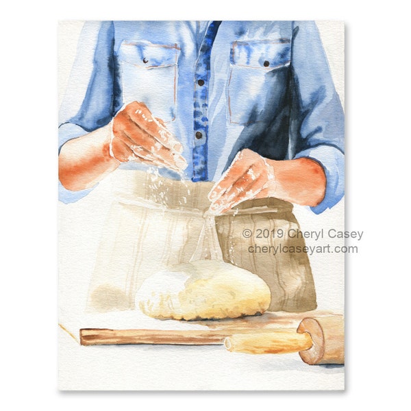 Farmhouse Kitchen Art Print, Bread Maker Baker, from Original Watercolor Painting by Cheryl Casey