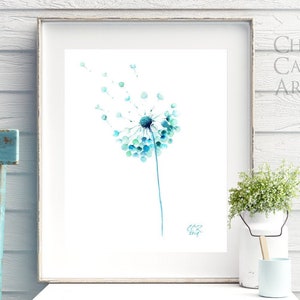 Dandelion Wall Art Print from Minimalist Watercolor Painting by Cheryl Casey, teal blue aqua