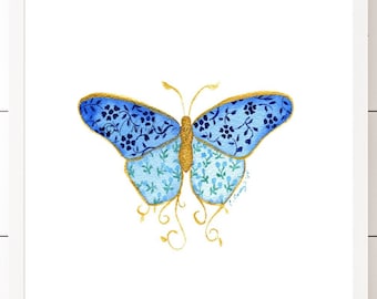 Watercolor Butterfly Art Print from Painting by Cheryl Casey, Blue Calico and Metallic Gold Ink Accent