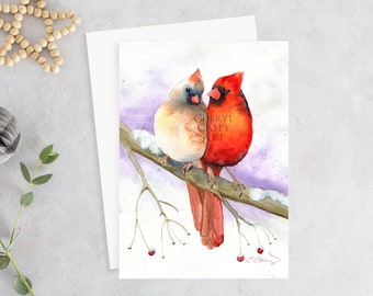 Cardinal Greeting Cards Pack, Cardinal Couple, from watercolor painting by Cheryl Casey, blank inside, Christmas cards, notecards