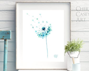 Dandelion Wall Art Print from Minimalist Watercolor Painting by Cheryl Casey, teal blue aqua