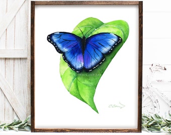 Blue Butterfly Art Print from Watercolor Painting by Cheryl Casey, Signed Print, Blue Morpho, Mariposa Azul