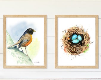 Robin Egg Bird Art Print, Set of 2, Watercolor Paintings, Bird's Nest, bird wall art