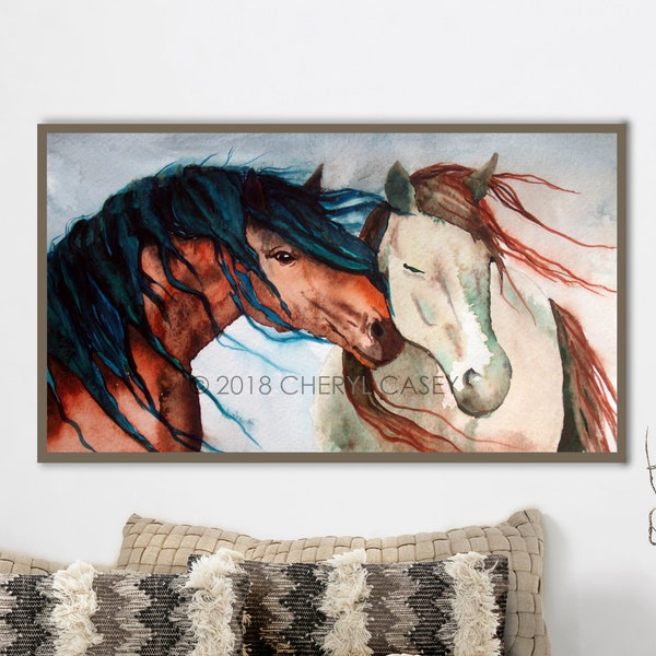 Horses Art Print from Original Watercolor Painting by Cheryl Casey, Nuzzling Horses serene and peaceful