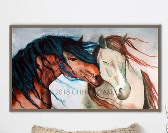 Horses Art Print from Original Watercolor Painting by Cheryl Casey, Nuzzling Horses serene and peaceful