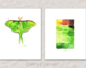 Luna Moth and Abstract Geometric Companion Piece Art Prints Set of 2 from Watercolor Paintings by Cheryl Casey