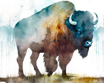 Bison American Buffalo Art Print from Watercolor Painting by Cheryl Casey