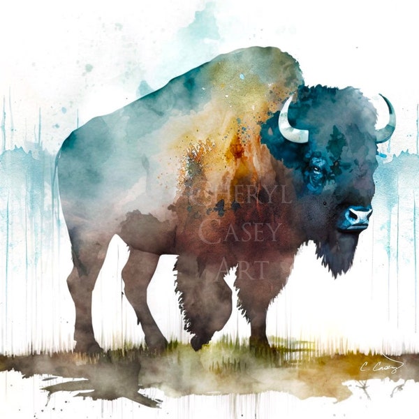 Bison American Buffalo Art Print from Watercolor Painting by Cheryl Casey