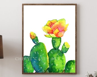 Blooming Cactus Art, Cactus Wall Art, Boho Cactus Art Prints from Watercolor Painting by Cheryl Casy, Orange Yellow Cactus Bloom