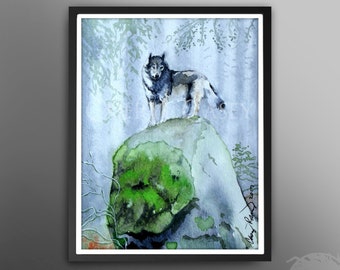 Wolf Kunstdruck, Wolf Totem von Cheryl Casey, Grauer Wolf in einem nebligen Wald, Wildtier Kunst, Wolf Malerei
