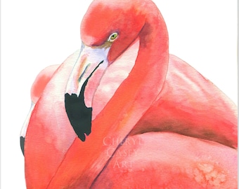 Pink Flamingo Art Print from Watercolor Painting by Cheryl Casey, pink gift, pink decor, tropical art