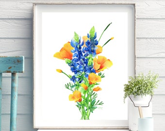 California Poppies Texas Bluebonnets Bouquet Art Print from Watercolor painting by Cheryl Casey, blue orange poppy wildflower bouquet