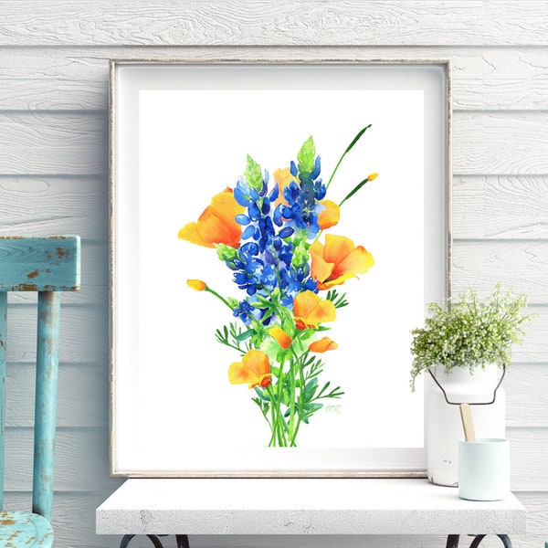 California Poppies Texas Bluebonnets Bouquet Art Print from Watercolor painting by Cheryl Casey, blue orange poppy wildflower bouquet