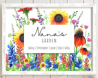 Custom Grandma Garden Print, Family Name Plate Sign, Personalized Mother’s Day gift for grandma, Sunflowers, Bluebonnets, Texas wildflowers