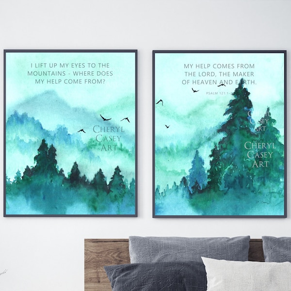 Bible Verse Wall Art Print Set of 2 from Mountain Watercolor Painting by Cheryl Casey, Psalm 121 I lift up my eyes to the mountains