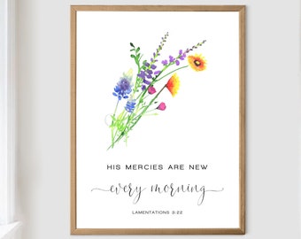 His Mercies Are New Every Morning Lamentations 3 22 Texas Wildflowers Art Print Watercolor by Cheryl Casey, Christian Gift Bible Verse