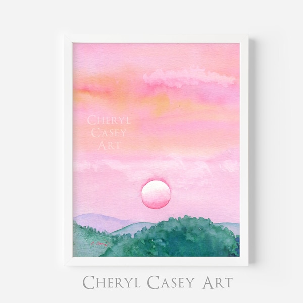 Pink Sunrise Print from Watercolor Painting by Cheryl Casey, pink and turquoise art, sunrise decor, rose gold art, mountain wall decor