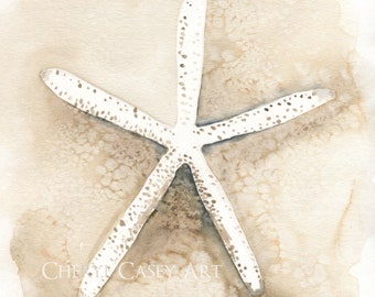 Starfish Seashell Art Decor, Coastal Wall Art, Neutral Beach Print from Watercolor Painting by Cheryl Casey