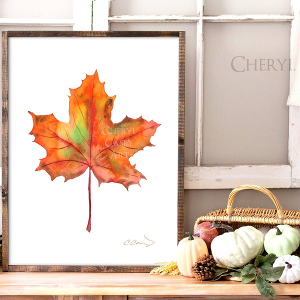 Maple Leaf Art Print from Watercolor Painting by Cheryl Casey, Fall Decor Autumn Leaves October Farmhouse