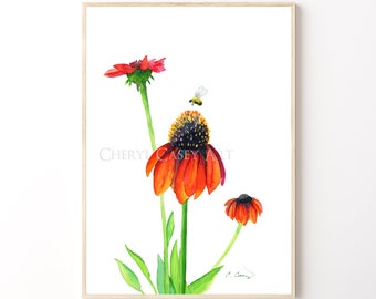 Lámina artística de equinácea roja y abeja de una pintura en acuarela de Cheryl Casey, impresión firmada, regalo para el Día de la Madre, decoración de pared con plantas de jardín.