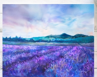 May include: Watercolor painting of a purple lavender field with a mountain range in the background. The sky is a light blue with white clouds.