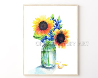 Sunflowers and Bluebonnets Art Print from Watercolor Paintings by Cheryl Casey, yellow wildflower, farmhouse wall art, blue wildflowers