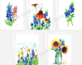 Bluebonnet Cards Variety Pack, Floral Notecard Set by Cheryl Casey, sunflowers poppies Indian Paintbrush coneflower, blank inside